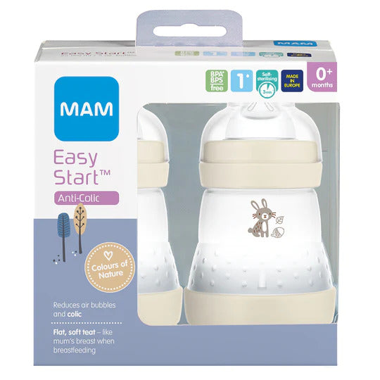 MAM Easy Start Anti-Colic Self-Sterilising Bottle - Newborn - 2 Pack - Colour Of Nature- 160ml